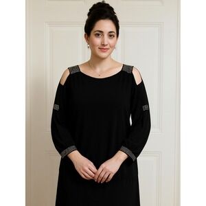 Joseph Ribkoff Cold Shoulder Studded Sleeve Cocktail Evening Dress SZ 14 Glam